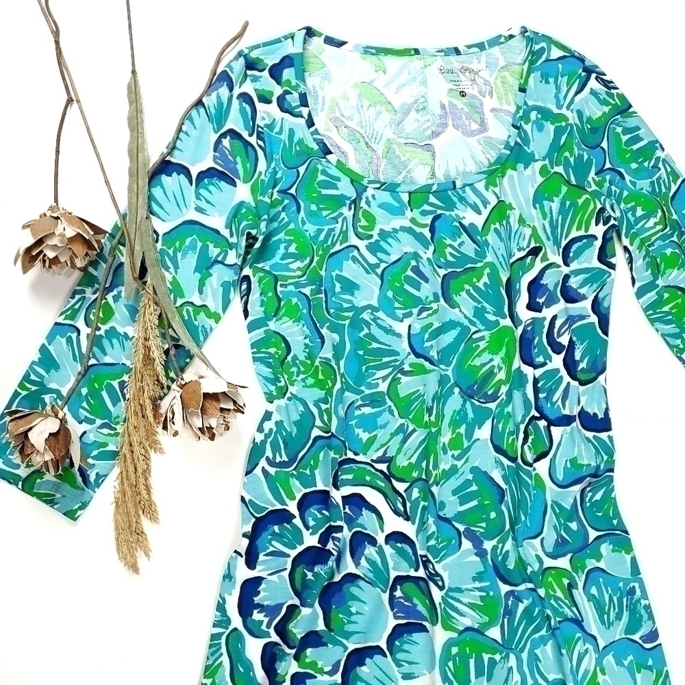 New Lilly Pulitzer 100% Pima Cotton Blue Green White Floral Dress Sz M - Picture 4 of 16